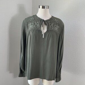 Lucky Brand Womens Large‎ Olive Green Boho Embroidered Top Tassel Tie Shirt